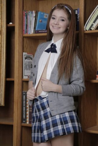 Brunette schoolgirl Ava Sparxxx hikes her skirt up and rides a dong in POV