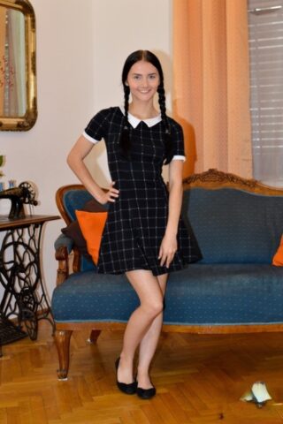Pigtailed Crystal Greenvelle hikes her skirt to reveal shaved teen pussy