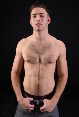 Brunette hunk Ramsey shows off his strong naked body & his hairy dick