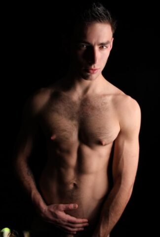 Brunette hunk Ramsey shows off his strong naked body & his hairy dick