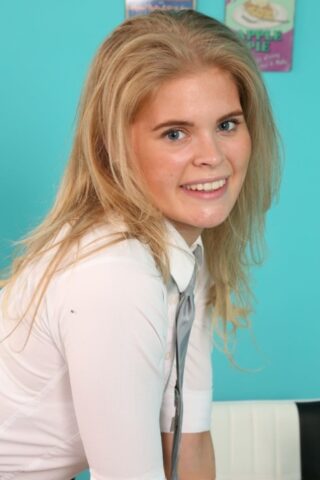 Blonde teen Tayla strips skirt & poses in white panties in the school kitchen