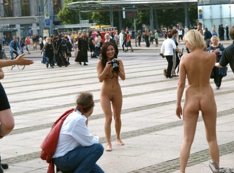 Shameless amateur girls posing butt naked in public in front of cameras