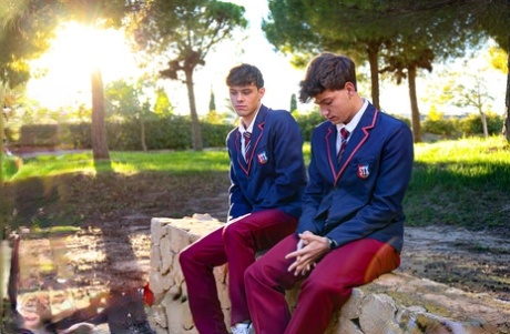 Caucasian students remove their uniforms during their first gay sex experience