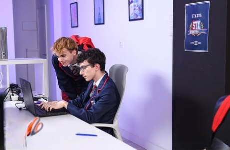 Caucasian students remove their uniforms during their first gay sex experience