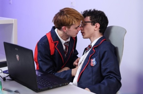Caucasian students remove their uniforms during their first gay sex experience