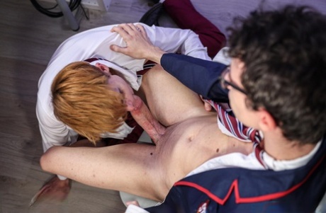 Caucasian students remove their uniforms during their first gay sex experience