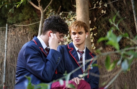 Caucasian students remove their uniforms during their first gay sex experience