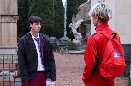 Caucasian students remove their uniforms during their first gay sex experience