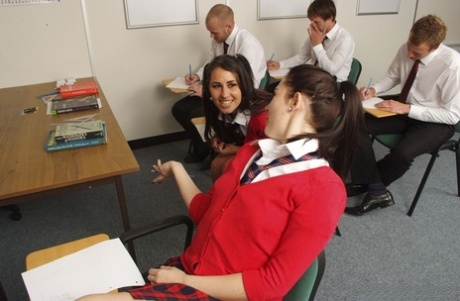 British students Cody Coxxx & Jess West give classmates CFNM handjobs