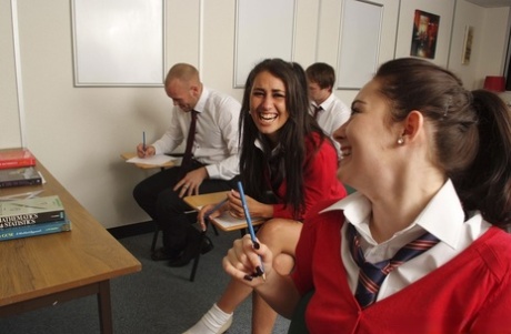 British students Cody Coxxx & Jess West give classmates CFNM handjobs
