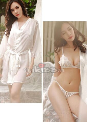 Chi tiết ren tinh xảo trên bộ đồ ngủ voan mỏng NY29 màu trắng